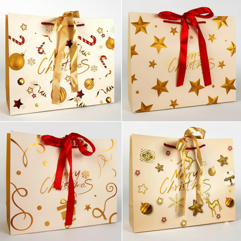 Подарунковий пакет M Новорічний із атласною стрічкою 037M