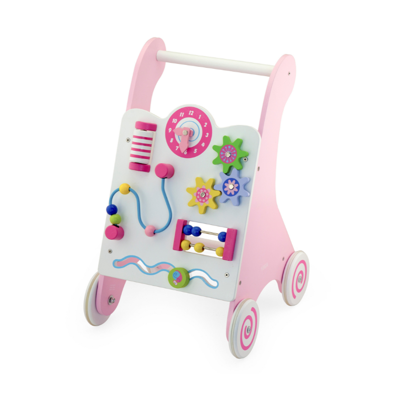 Детские ходунки-каталка Viga Toys с бизибордом, розовый 50178